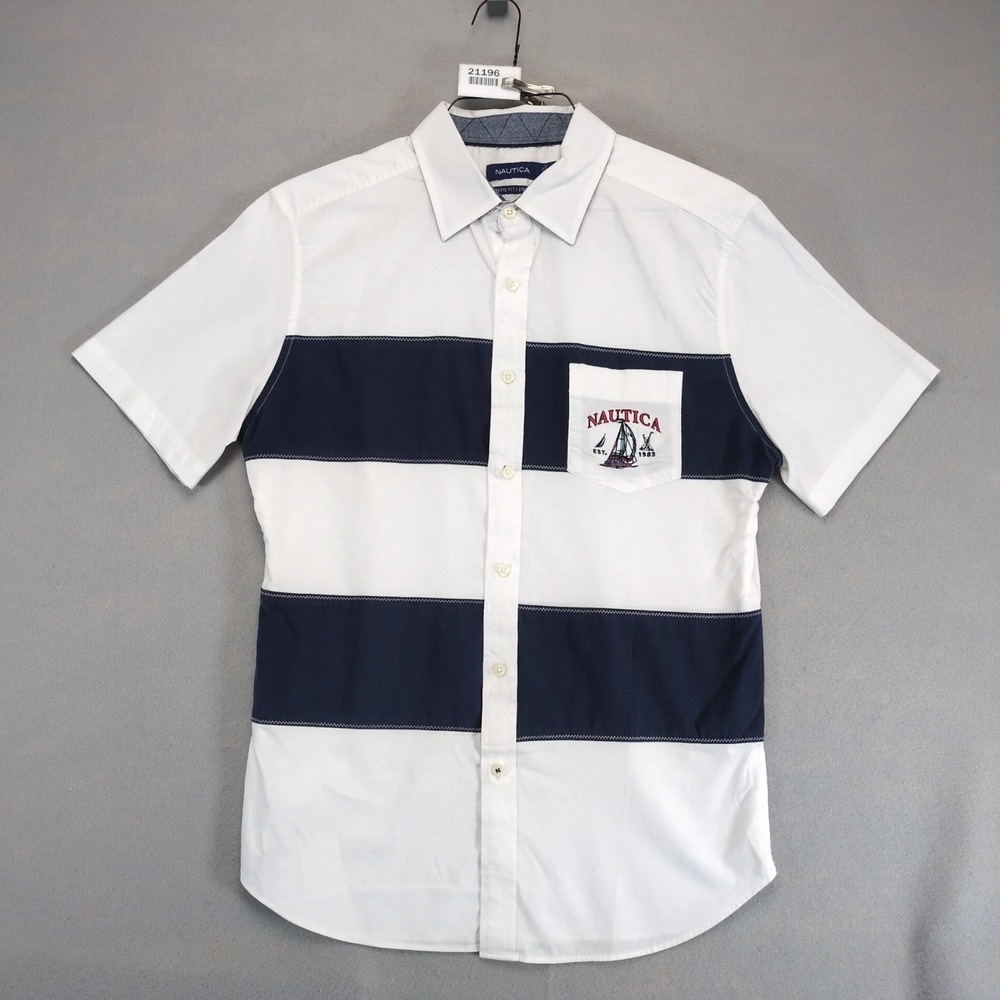 Nautica White Navy Rugby Stripe Button Shirt Men's L Short Slv Sailboat Nautical